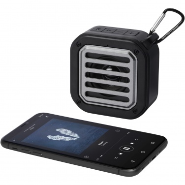 Logo trade promotional merchandise picture of: Solo 3W IPX5 RCS recycled plastic solar Bluetooth® speaker with carabiner 